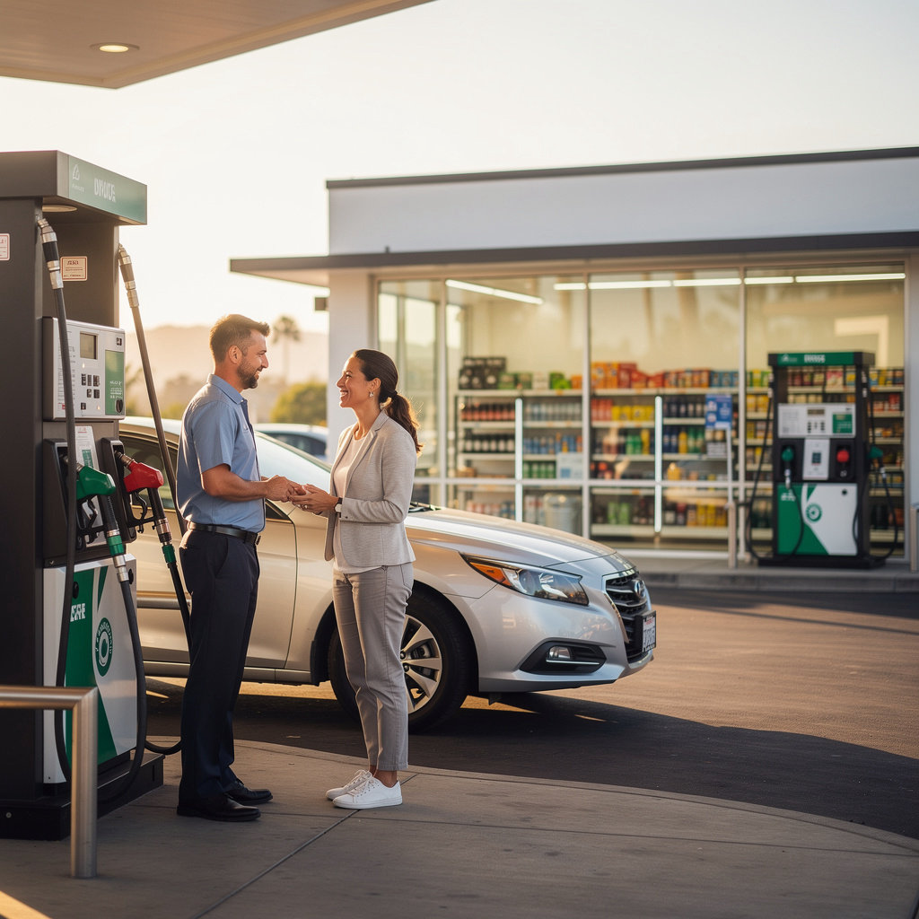 Conserv Fuel services overview showing modern fuel pumps and a well-stocked convenience store in Santa Barbara