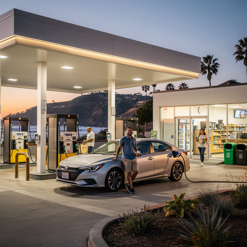 Conserv Fuel's clean, modern 24-hour gas station in Santa Barbara, offering sustainable fuel and convenience